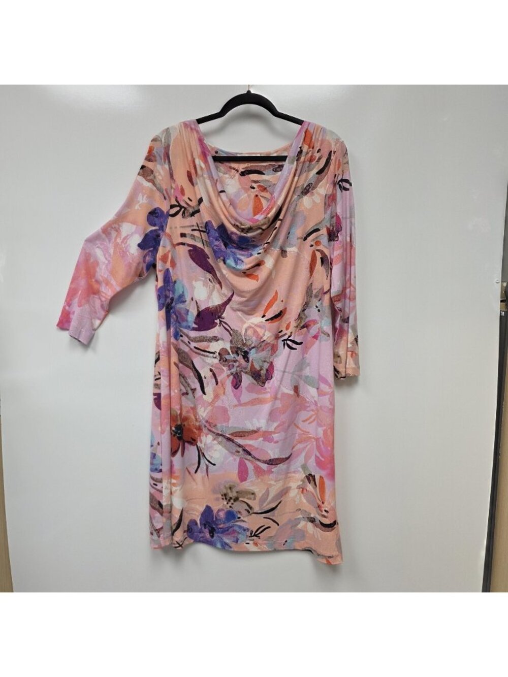 Calvin Klein Dress Womens XL Multicolor Floral Cowl Neck 3/4 Sleeve Shift